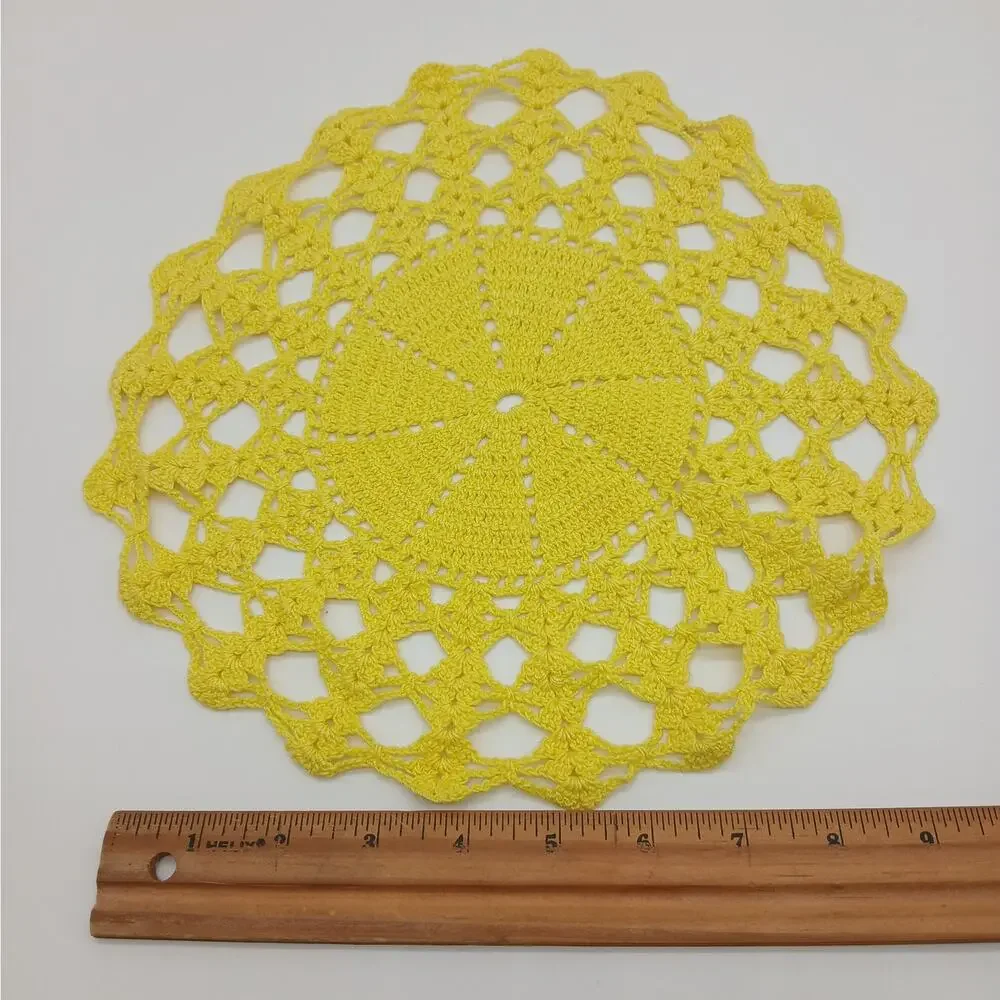 Vintage Handmade Crocheted  Doily Kitchen Round Yellow and Blue Doilies Set of 5 - Picture 4 of 11